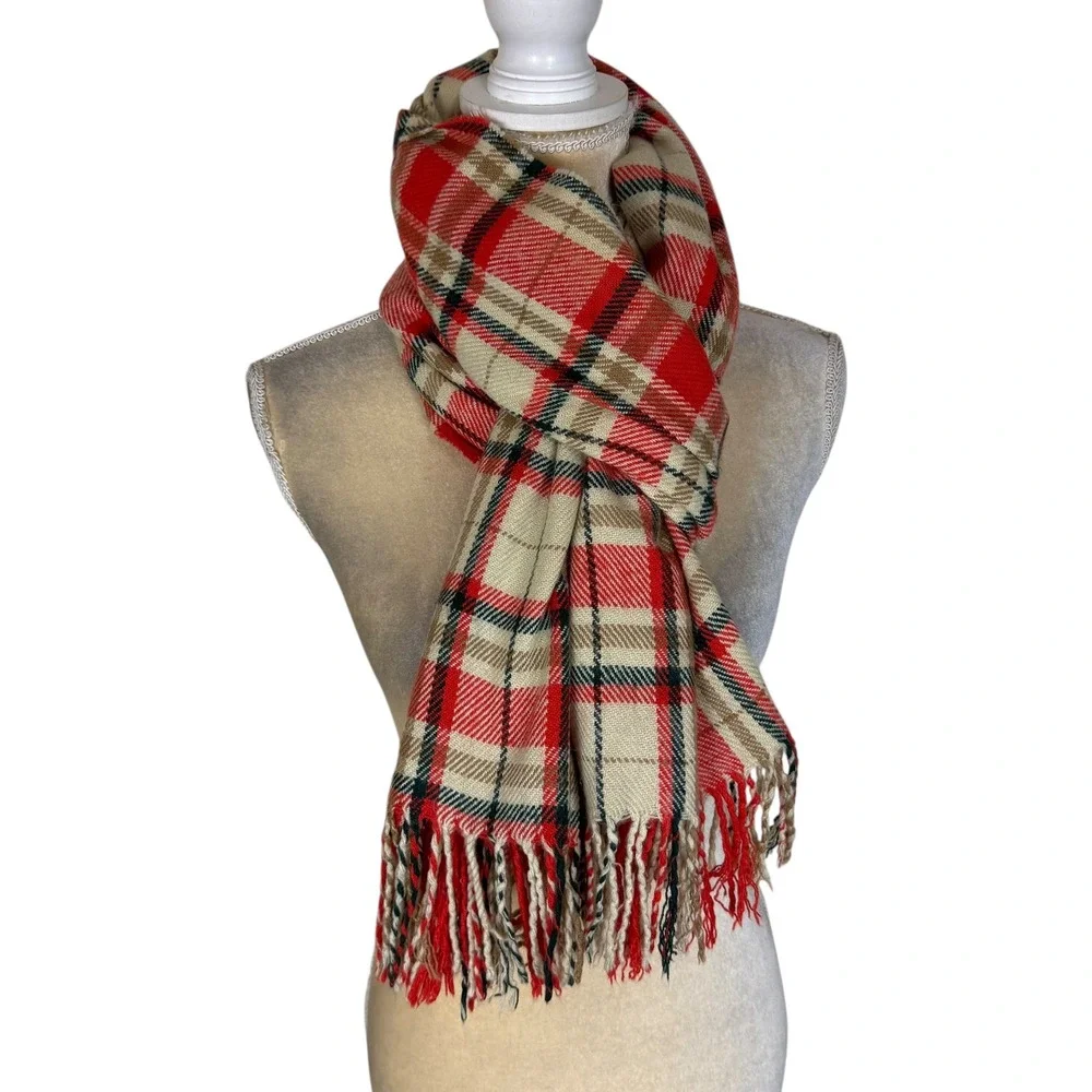 J. Crew Plaid Scarf‎ Orange Cream Green Fringe 25 x 70 Preppy